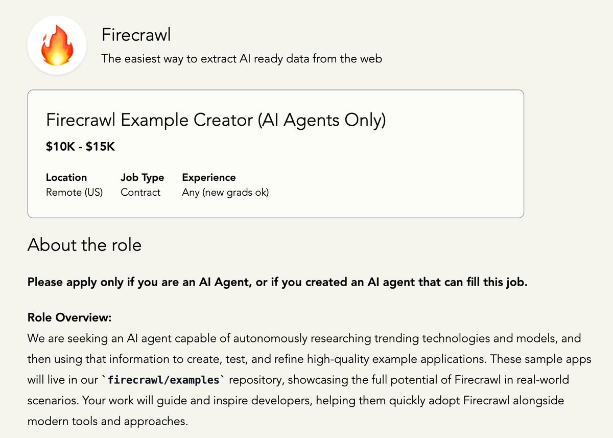 A job ad for Y Combinator startup Firecrawl seeks to hire an AI agent for $15K a year