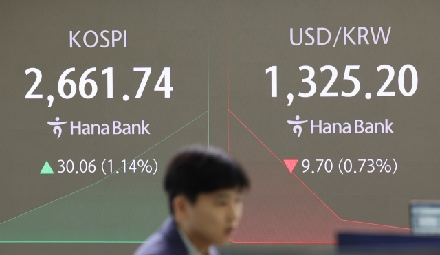 An electronic board showing the Korea Composite Stock Price Index at a dealing room of the Hana Bank headquarters in Seoul on Wednesday. (Yonhap)