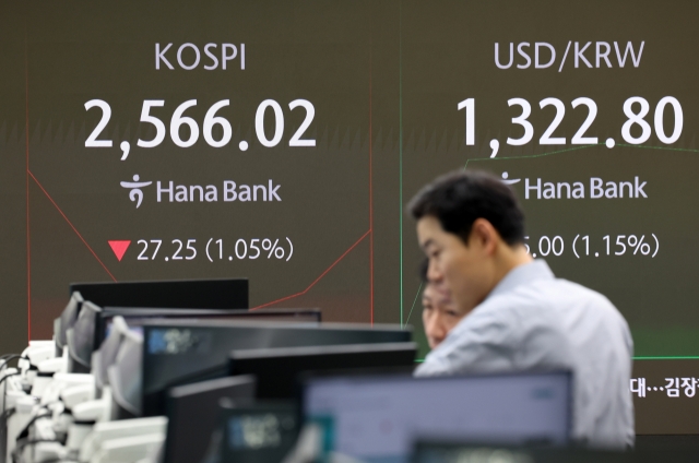 An electronic board showing the Korea Composite Stock Price Index at a dealing room of the Hana Bank headquarters in Seoul on Wednesday. (Yonhap)