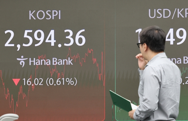 An electronic board showing the Korea Composite Stock Price Index at a dealing room of the Hana Bank headquarters in Seoul on Tuesday. (Yonhap)