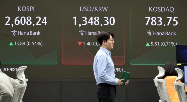 An electronic board showing the Korea Composite Stock Price Index at a dealing room of the Hana Bank headquarters in Seoul on Thursday. (Yonhap)