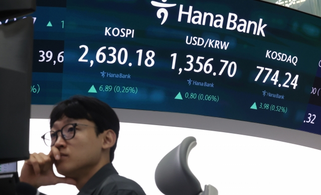 An electronic board showing the Korea Composite Stock Price Index at a dealing room of the Hana Bank headquarters in Seoul on Tuesday. (Yonhap)