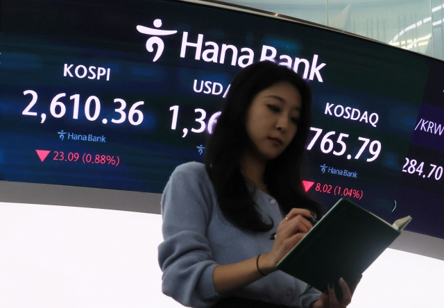 An electronic board showing the Korea Composite Stock Price Index at a dealing room of the Hana Bank headquarters in Seoul on Wednesday. (Yonhap)