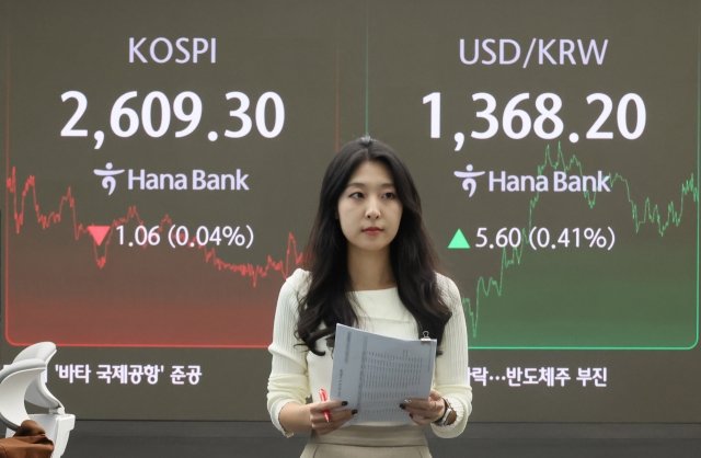 An electronic board showing the Korea Composite Stock Price Index at a dealing room of the Hana Bank headquarters in Seoul on Thursday. (Yonhap)