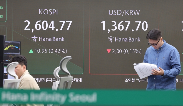 An electronic board showing the Korea Composite Stock Price Index at a dealing room of the Hana Bank headquarters in Seoul on Monday. (Yonhap)