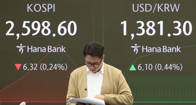 An electronic board showing the Korea Composite Stock Price Index at a dealing room of the Hana Bank headquarters in Seoul on Tuesday. (Yonhap)