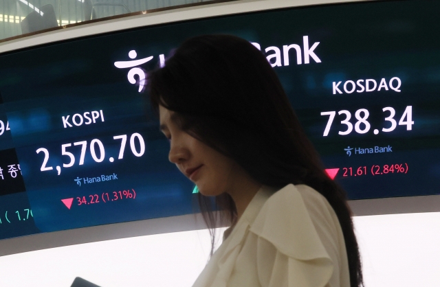 An electronic board showing the Korea Composite Stock Price Index at a dealing room of the Hana Bank headquarters in Seoul on Tuesday. (Yonhap)