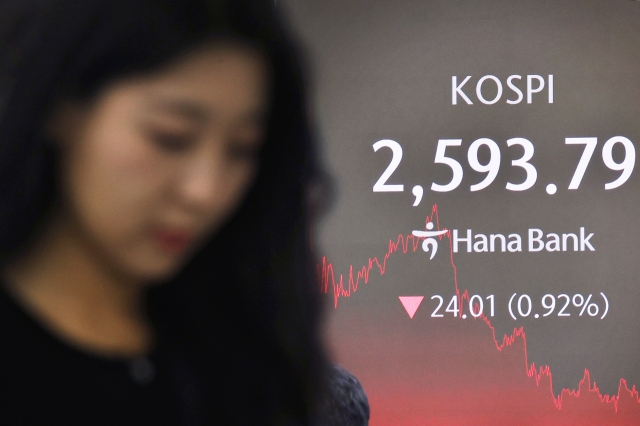 An electronic board showing the Korea Composite Stock Price Index at a dealing room of the Hana Bank headquarters in Seoul on Wednesday. (Yonhap)