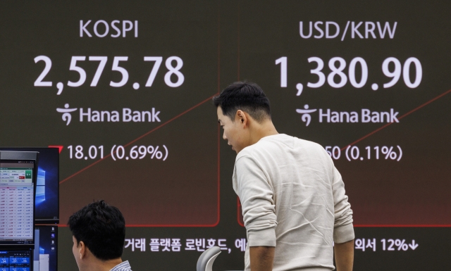 An electronic board showing the Korea Composite Stock Price Index at a dealing room of the Hana Bank headquarters in Seoul on Thursday. (Yonhap)