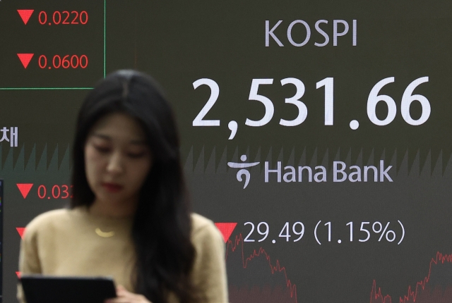 An electronic board showing the Korea Composite Stock Price Index at a dealing room of the Hana Bank headquarters in Seoul on Monday. (Yonhap)