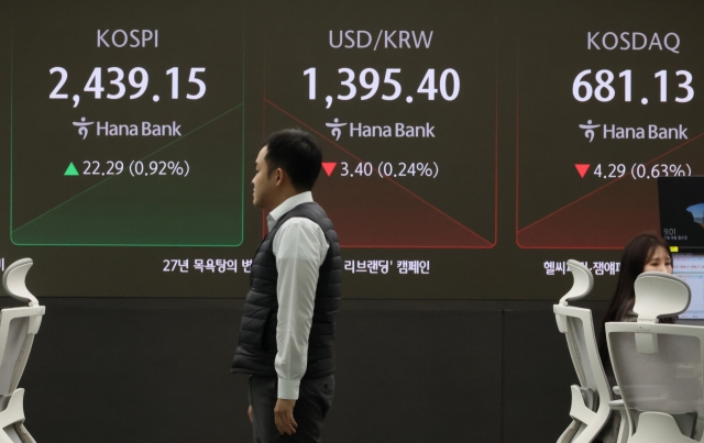 An electronic board showing the Korea Composite Stock Price Index at a dealing room of the Hana Bank headquarters in Seoul on Monday. (Yonhap)