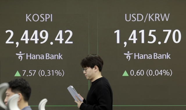 An electronic board showing the Korea Composite Stock Price Index at a dealing room of the Hana Bank headquarters in Seoul on Friday. (Yonhap)