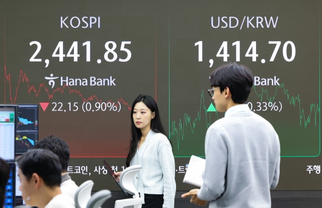 An electronic board showing the Korea Composite Stock Price Index at a dealing room of the Hana Bank headquarters in Seoul on Thursday. (Yonhap)