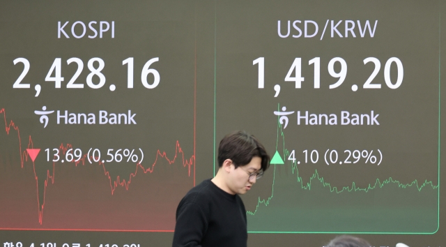 An electronic board showing the Korea Composite Stock Price Index at a dealing room of the Hana Bank headquarters in Seoul on Friday. (Yonhap)