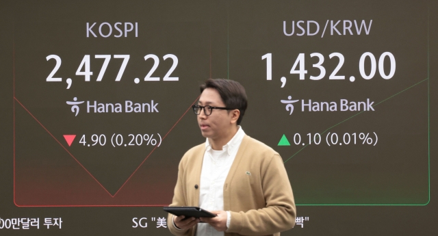 An electronic board showing the Korea Composite Stock Price Index at a dealing room of the Hana Bank headquarters in Seoul on Friday. (Yonhap)